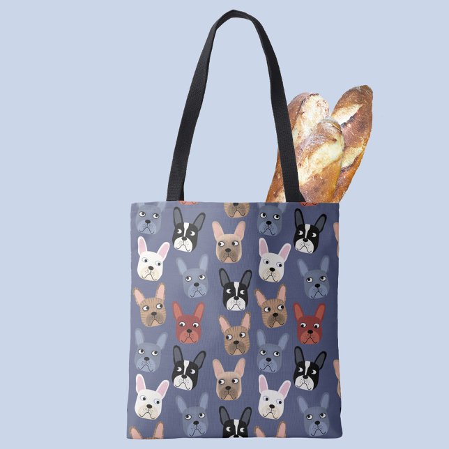 Fransk Bulldog Roligt Blue Tygkasse (Fun French Bulldog Frenchie dog patterned tote bag for your favorite animal lover)