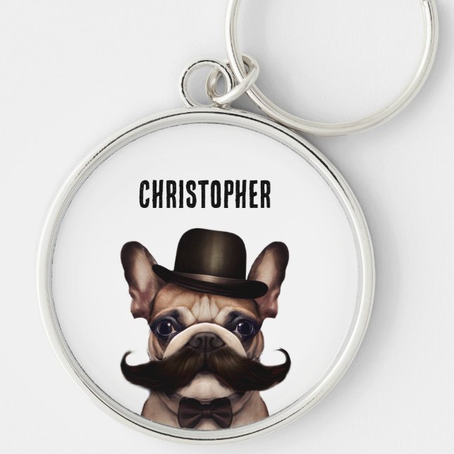 Fransk Bulldog Rund Silverfärgad Nyckelring (Framsidan)