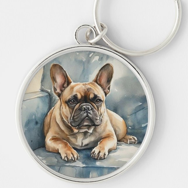 Fransk Bulldog Rund Silverfärgad Nyckelring (Framsidan)