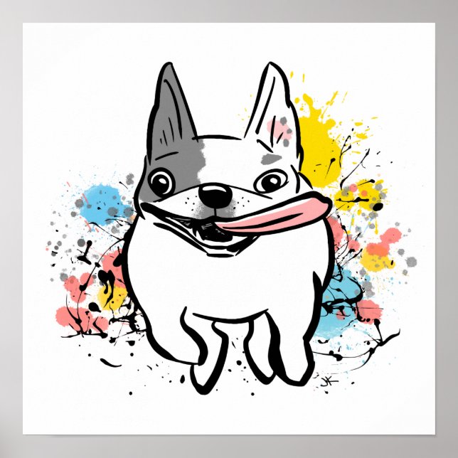 Fransk Bulldog Running Hund med Paint Stänk Poster (Framsidan)