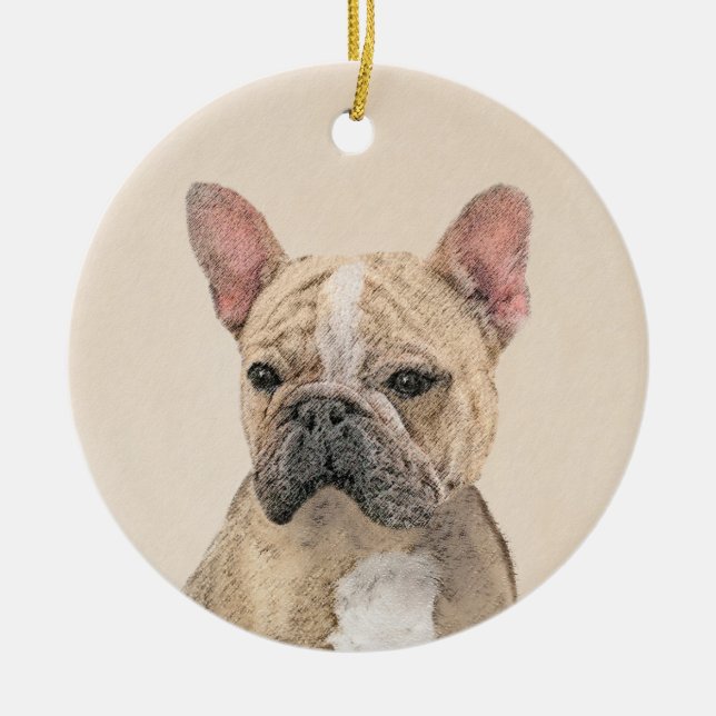 Fransk Bulldog (Sable) Målning - Söt Original Do Julgransprydnad Keramik (Framsidan)
