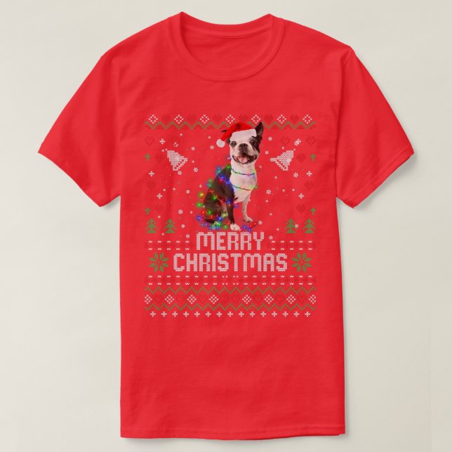 Fransk Bulldog Santa Hat Hund Julgran Ljus T Shirt (Design framsida)