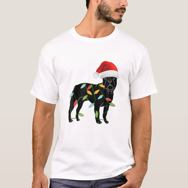 Fransk Bulldog Santa Hat Julgran Ljus Xma T Shirt (Framsida)