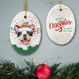 Fransk Bulldog Santa Hat Red Confetti Julgransprydnad Keramik