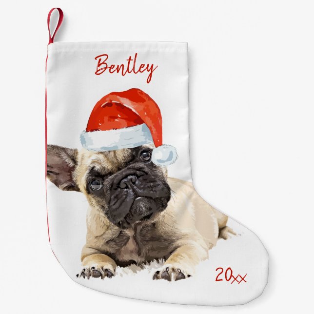Fransk Bulldog Santa Hund Cute Puppy-Hund Liten Julstrumpa (Framsidan)