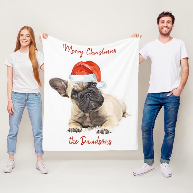 Fransk Bulldog Santa Hund jul Cute Puppy Hund Fleecefilt (På plats)