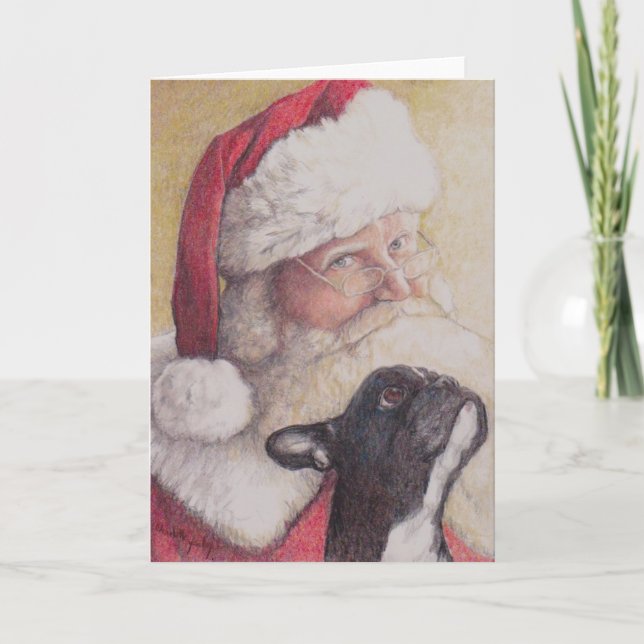 Fransk Bulldog & SantaClaus Hund Art-julkort Kort (Framsida)