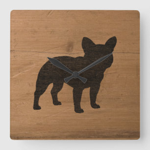 Fransk Bulldog Silhouette   Faux Wood Frenchie Hun Fyrkantig Klocka