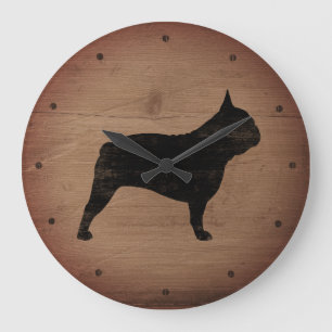 Fransk Bulldog Silhouette Faux Wood Rustic Stil Stor Klocka