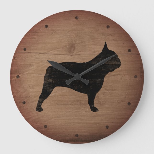 Fransk Bulldog Silhouette Faux Wood Rustic Stil Stor Klocka (Framsida)
