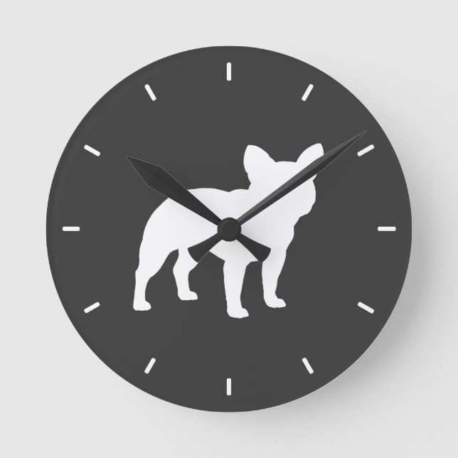 Fransk Bulldog Silhouette Grått och White Hund äls Rund Klocka (Framsida)