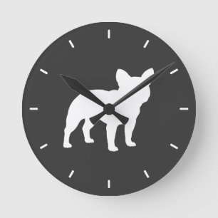Fransk Bulldog Silhouette Grått och White Hund äls Rund Klocka