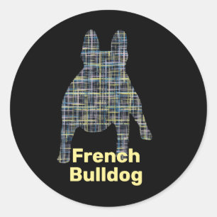 Fransk Bulldog Silhouette Gult & Black Grid Runt Klistermärke