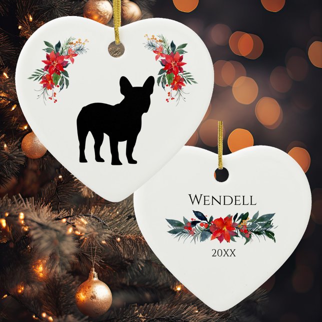 Fransk Bulldog Silhouette med Namn Poinsettia Julgransprydnad Keramik (Skapare uppladdad)