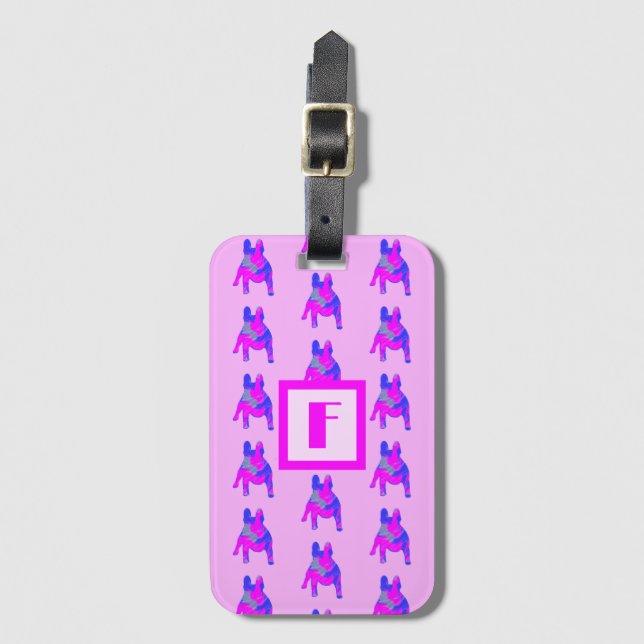 Fransk Bulldog Silhouette Rosa & Blue Monogram Bagagebricka (Framsida vertikal)