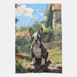 Fransk Bulldog Sitta på en mur Kökshandduk