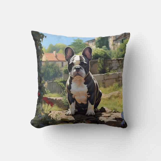 Fransk Bulldog Sitta på en mur Kudde (Framsida)