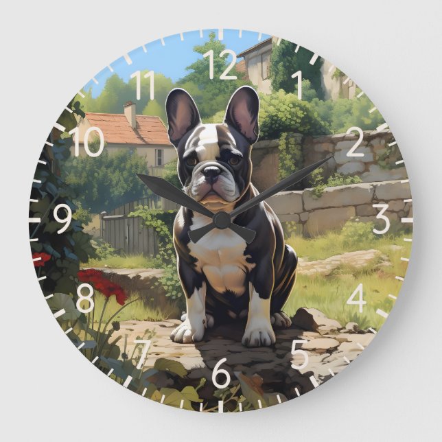 Fransk Bulldog Sitta på en mur Stor Klocka (Framsida)