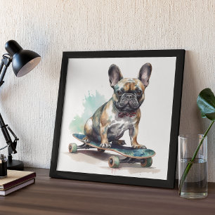Fransk Bulldog sitta på skateboard Poster