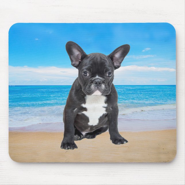 Fransk Bulldog Sitta på stranden Musmatta (Framsidan)