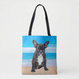 Fransk Bulldog Sitta på stranden Tygkasse