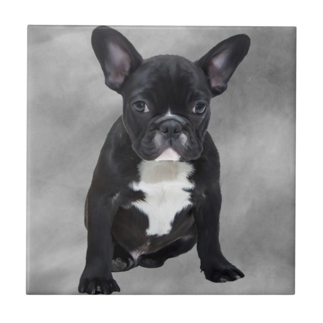 Fransk Bulldog Sitta Watercolor Oljemålning Kakelplatta (Framsidan)