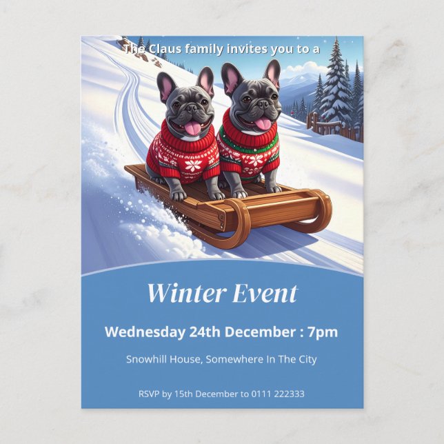 Fransk Bulldog Sled Ride Jul Inbjudan Vykort (Framsida)