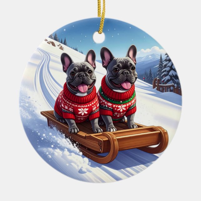 Fransk Bulldog Sled Ride Jul Julgransprydnad Keramik (Framsidan)