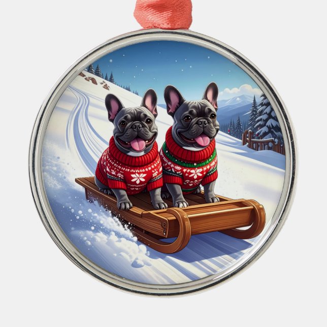 Fransk Bulldog Sled Ride jul Julgransprydnad Metall (Framsidan)