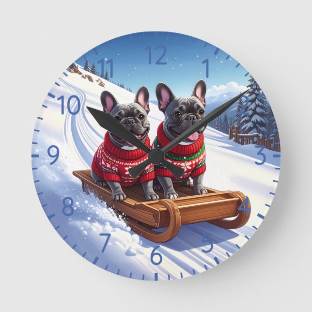 Fransk Bulldog Sled Ride Jul Rund Klocka (Framsida)