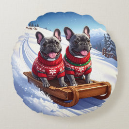 Fransk Bulldog Sled Ride Jul Rund Kudde