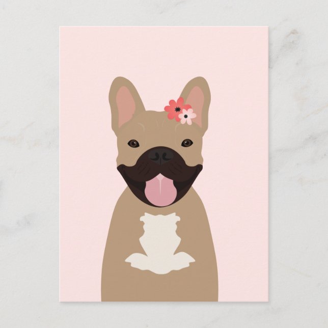 Fransk Bulldog Smiling Flowers Rosa Vykort (Framsida)