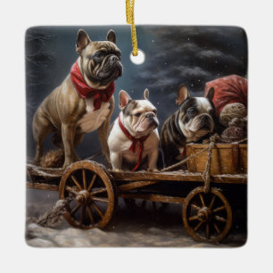 Fransk Bulldog Snöig Släde Juldekoration