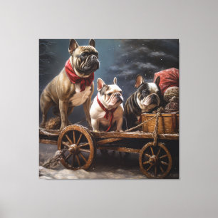 Fransk Bulldog Snöig Släde Juldekoration Canvastryck