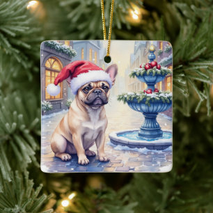 Fransk Bulldog Snöig Stad Fontän Tomte Jul Julgransprydnad Keramik