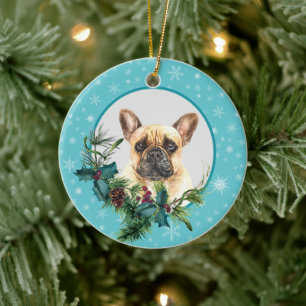 Fransk Bulldog Snowflake Blue Ram Bouquet Julgransprydnad Keramik