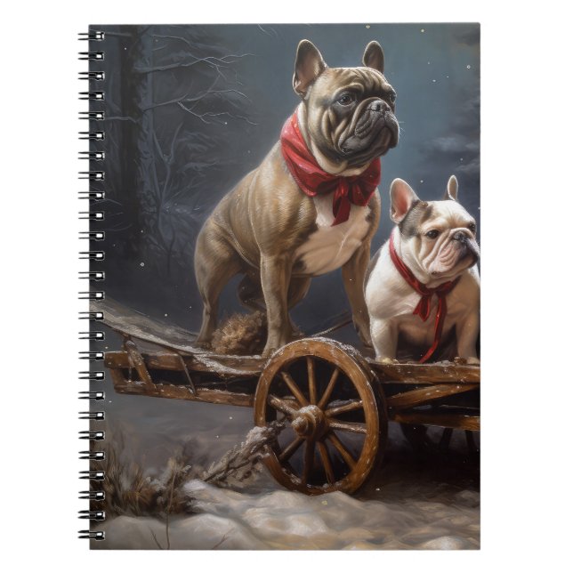 Fransk Bulldog Snowy Sleigh-juldekretet Anteckningsbok (Framsidan)