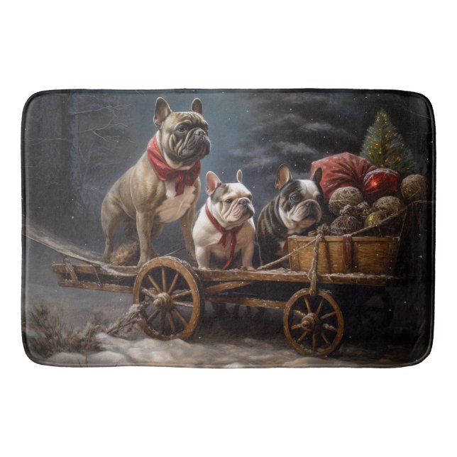 Fransk Bulldog Snowy Sleigh-juldekretet Badrumsmatta (Framsidan)