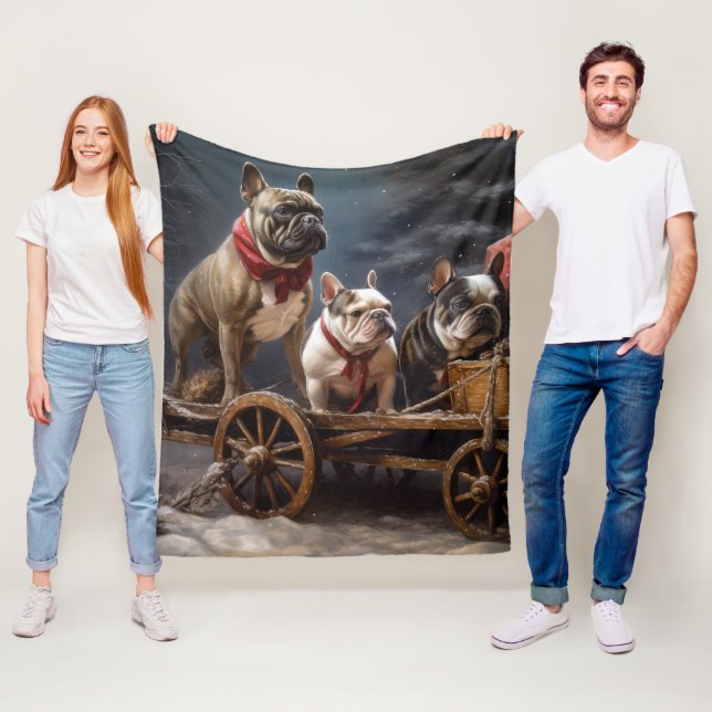 Fransk Bulldog Snowy Sleigh-juldekretet Fleecefilt (På plats)