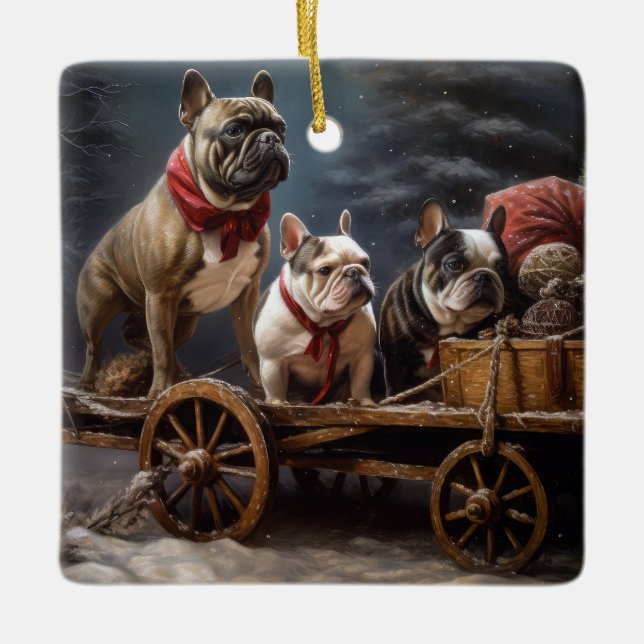 Fransk Bulldog Snowy Sleigh-juldekretet Julgransprydnad Keramik (Framsida)
