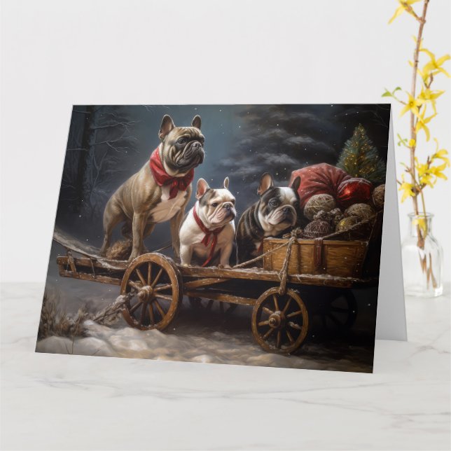 Fransk Bulldog Snowy Sleigh-juldekretet Kort (Gul blomma)