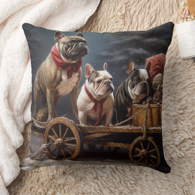 Fransk Bulldog Snowy Sleigh-juldekretet Kudde (Filt)