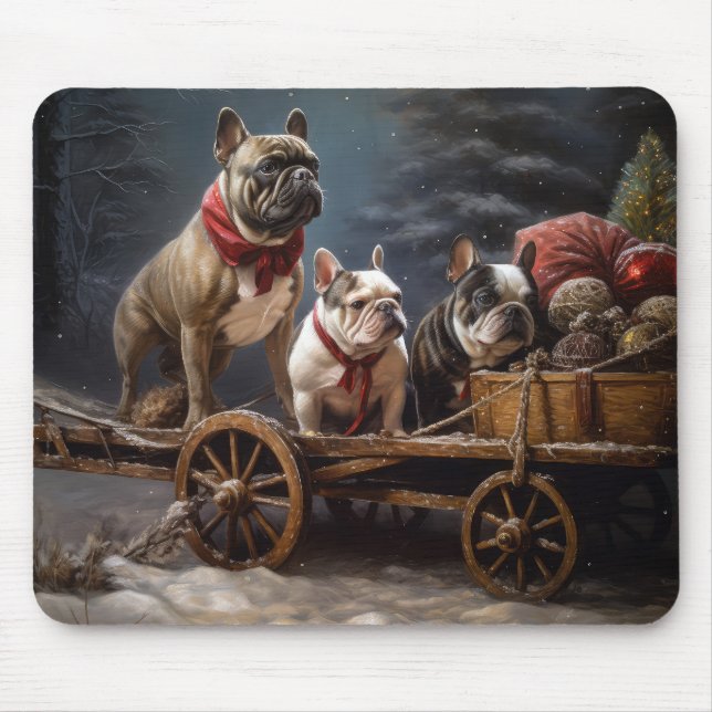 Fransk Bulldog Snowy Sleigh-juldekretet Musmatta (Framsidan)