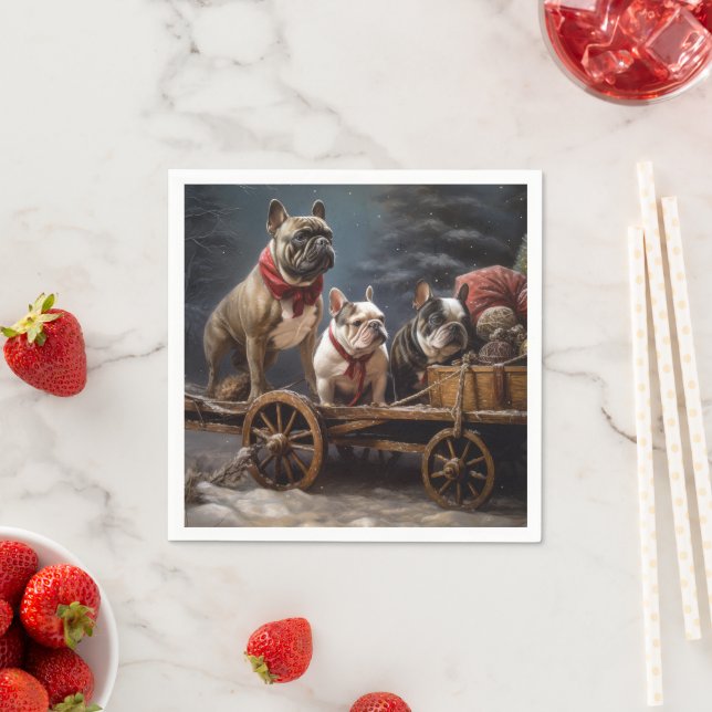 Fransk Bulldog Snowy Sleigh-juldekretet Pappersservett (Insitu)