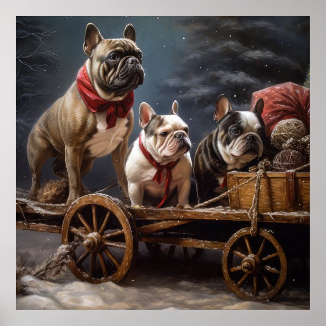 Fransk Bulldog Snowy Sleigh-juldekretet Poster (Framsidan)
