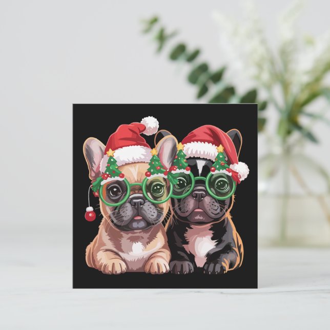 Fransk Bulldog som använder julgranstjulor  Julkort (Stående Fram)
