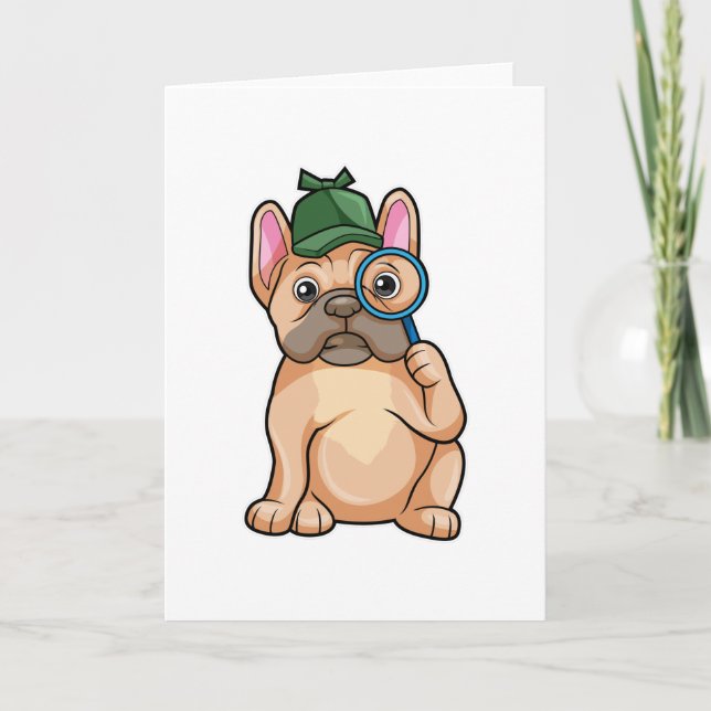 Fransk bulldog som detektiv med förstoringsglas kort (Framsida)