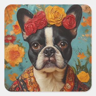 Fransk Bulldog som Frida Kahlo Fyrkantigt Klistermärke