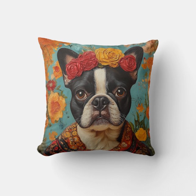 Fransk Bulldog som Frida Kahlo Kudde (Framsida)