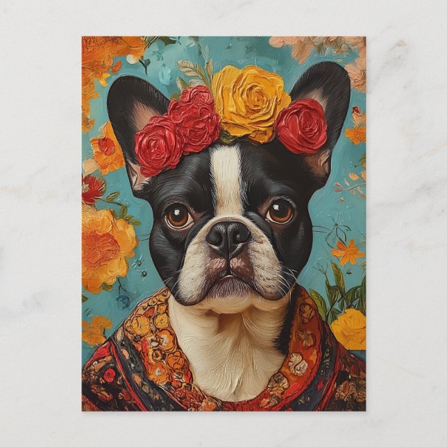 Fransk Bulldog som Frida Kahlo Vykort (Framsida)